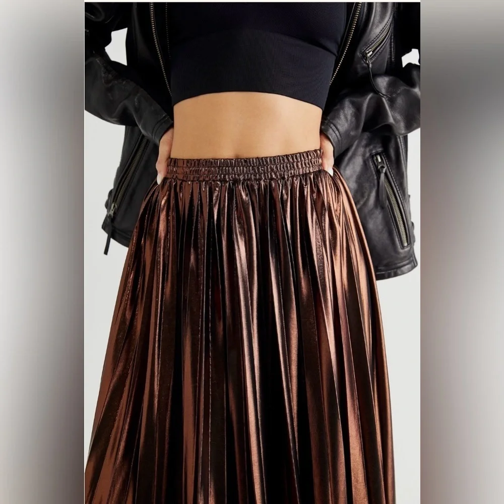 Free People En Saison Pleated Metallic Midi Skirt — Brown, NWT, Size L